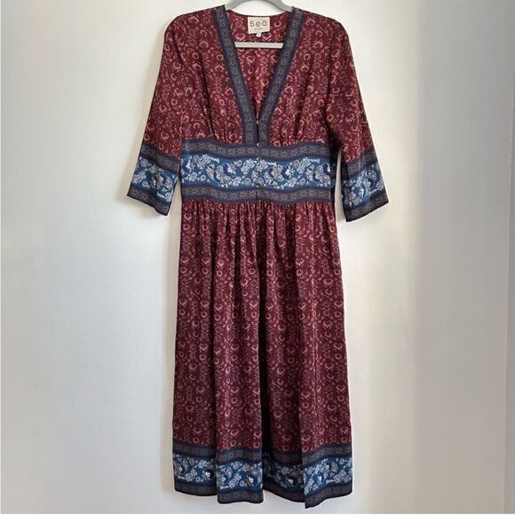 Sea Burgundy and Blue Silk Floral Dress - Picture 4 of 16